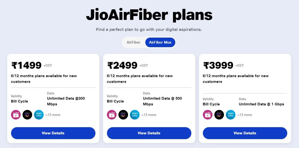 JioAirFiber Max Plans
